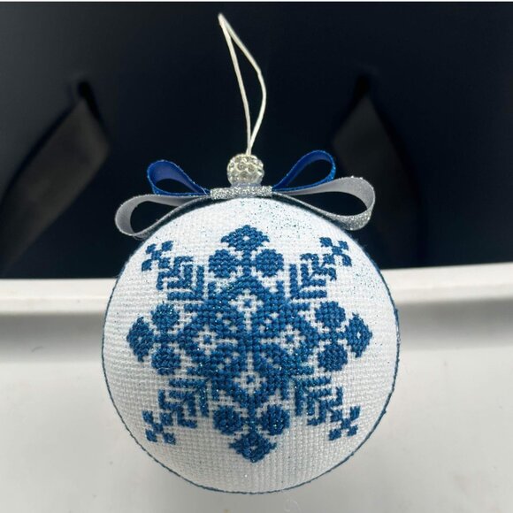 Handmade Blue Cross-Stitch Christmas Ornament - Picture 1 of 7